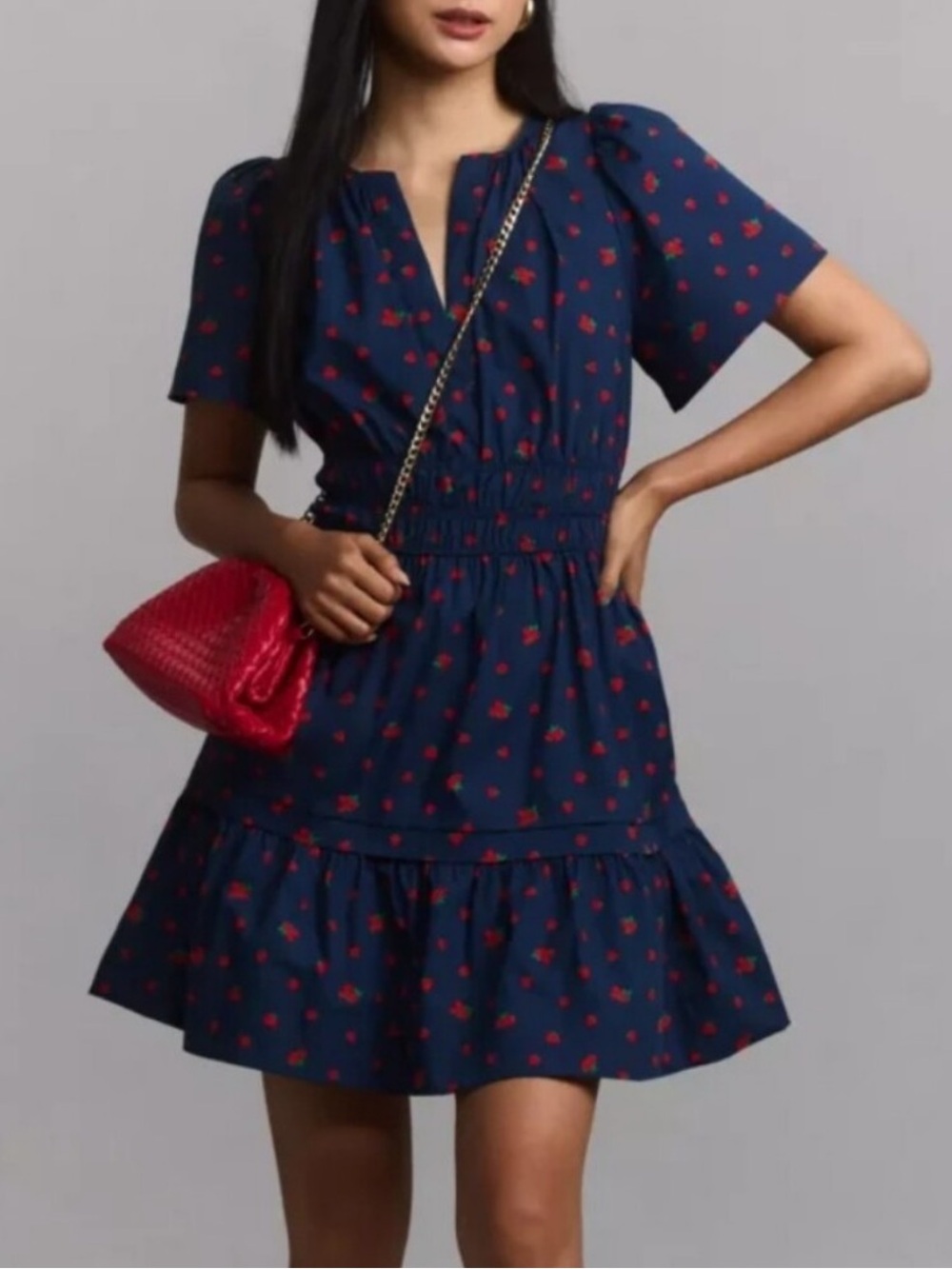 Anthropologie Navy Tiered Mini Dress With Strawberry Print V-Neck